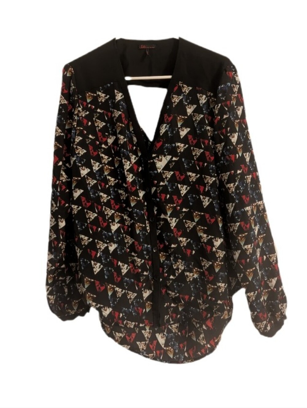 Sofia Vergara Black Patterned Button Down Peep Hole Back Blouse L